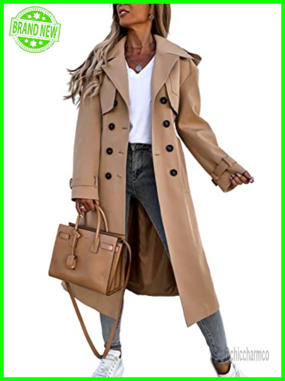 Fisoew Women's Long Trench Coat Double Breasted Windproof Classic Overcoat